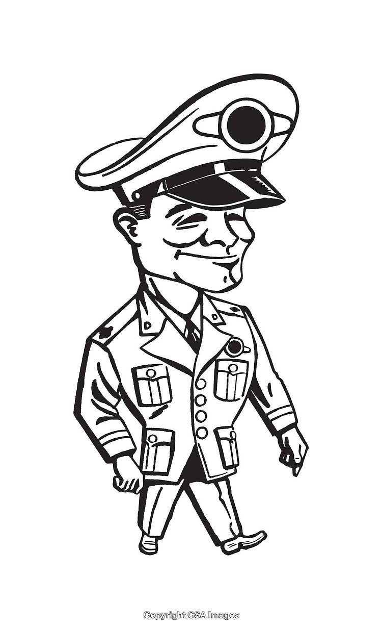 Cartoon Military Officer Walking Proudly Wearing Uniform with Insignia
