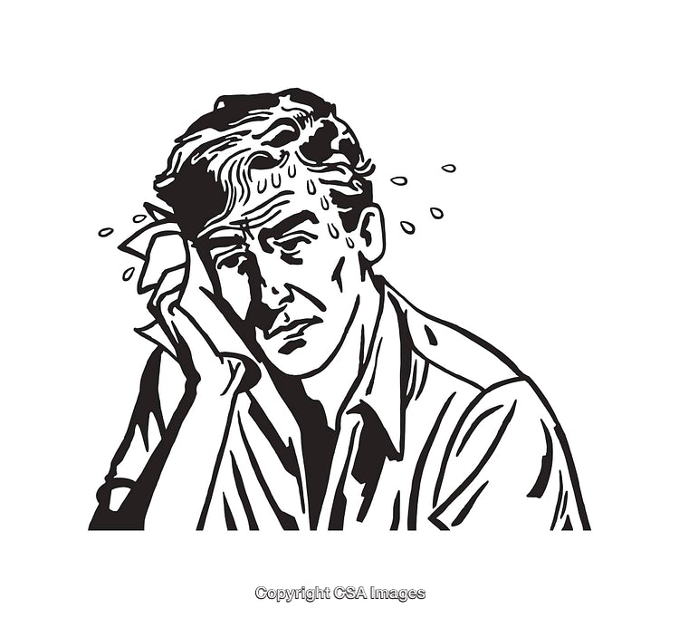 Black and White Illustration of a Sweaty Man Holding a Tissue