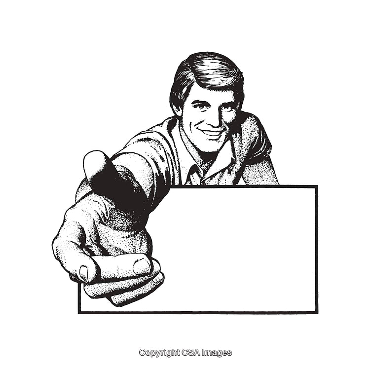 Black and White Illustration of Man Reaching Out with Blank Sign
