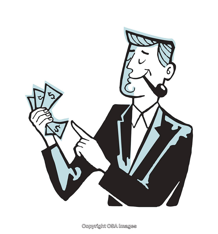 Retro Businessman Holding Money and Smiling in a Vintage Cartoon Style