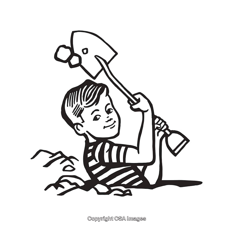 Black And White Illustration of Youthful Boy Holding a Shovel with Joy