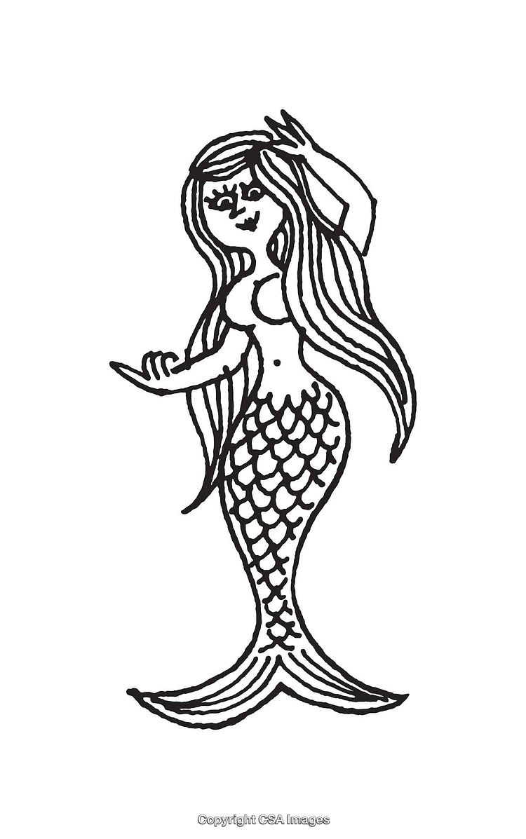 Black and White Line Art Illustration of a Playful Mermaid