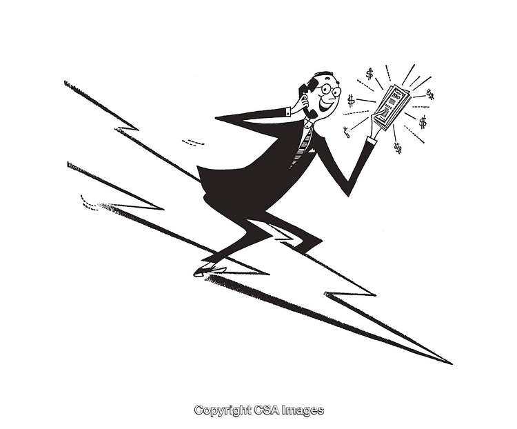 Retro Businessman Excitedly Receives Financial News on His Mobile Phone