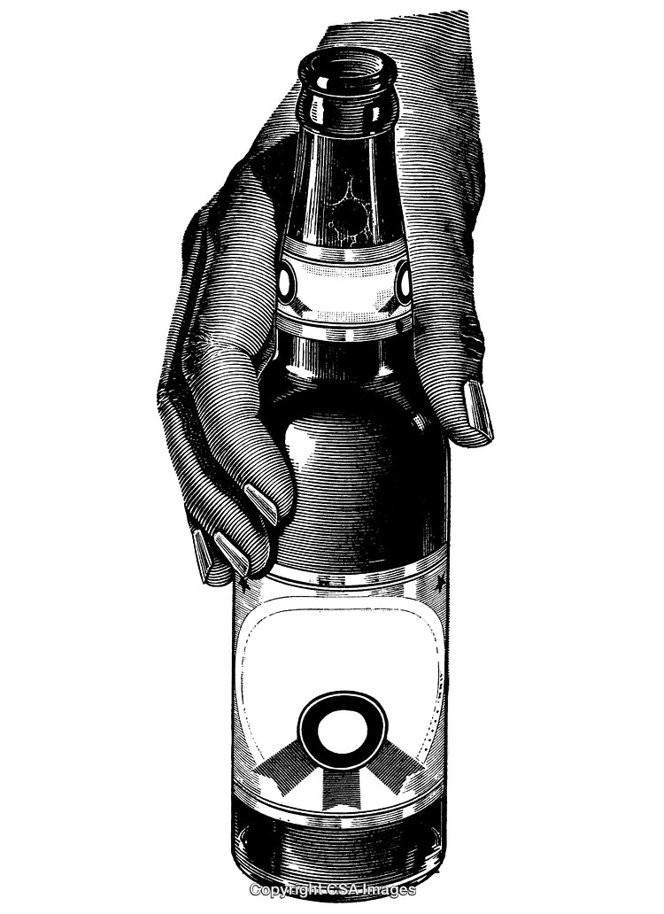 Hand Holding a Bottled Beverage in Black and White Engraving Style