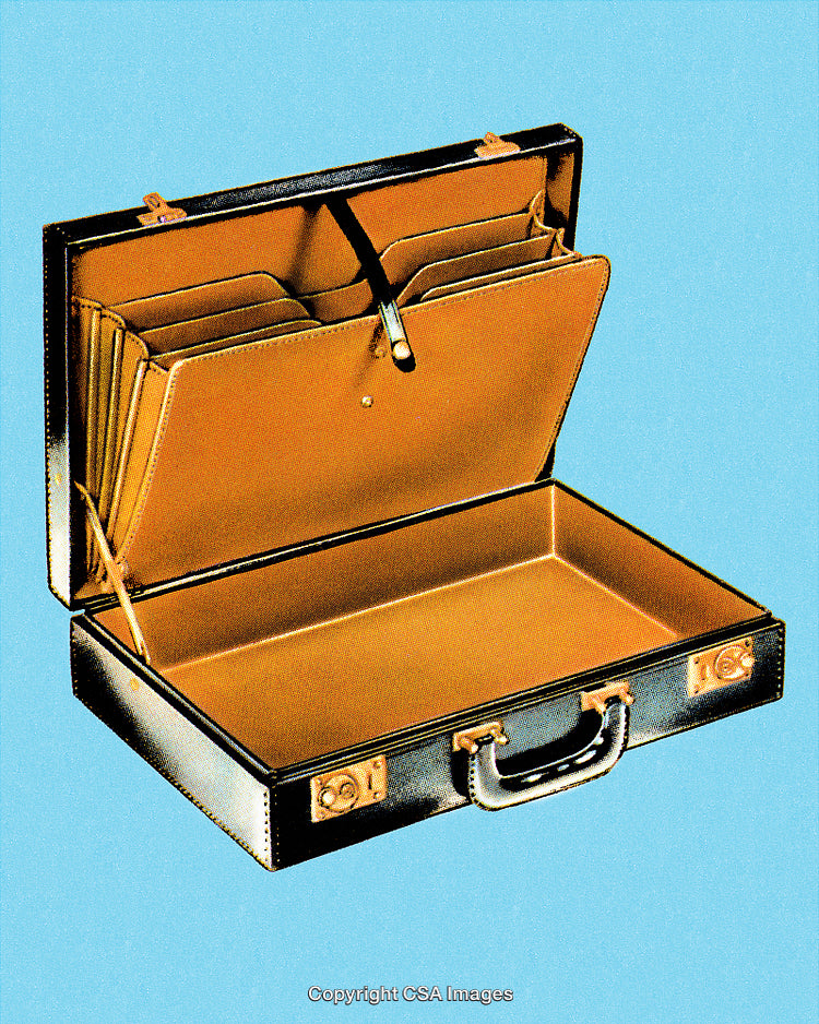 Open Black Leather Business Briefcase on Blue Background