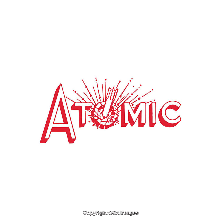 Bold Red Atomic Word Graphic with Explosive Style Design