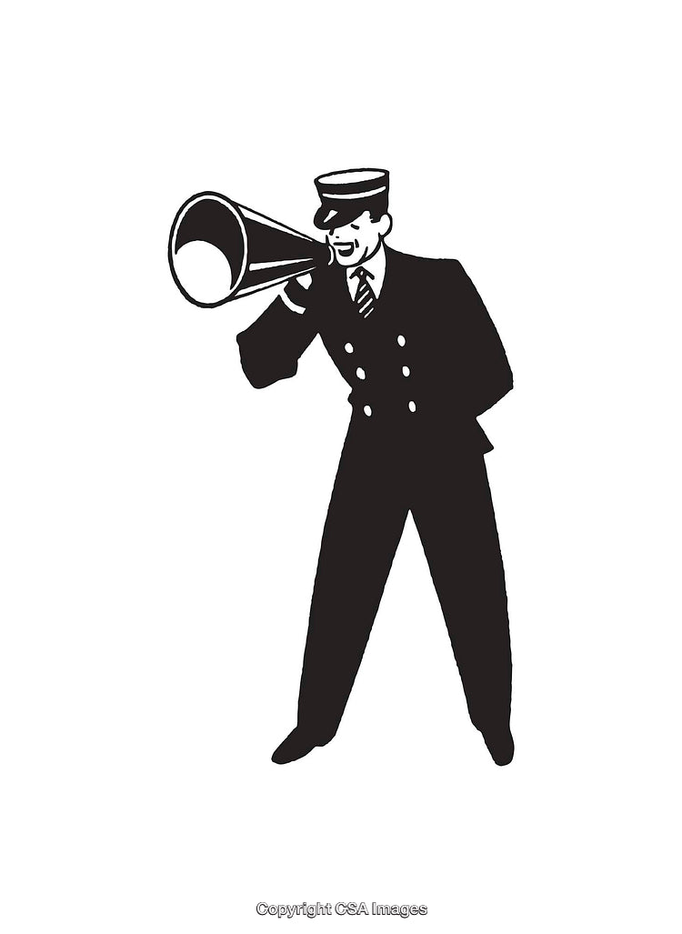 Black and White Illustration of a Man Shouting Through a Megaphone