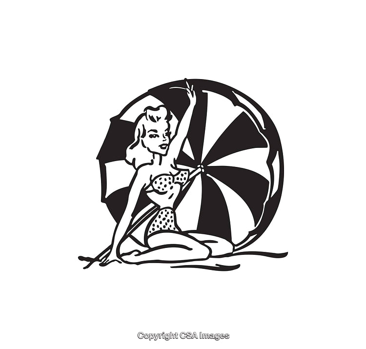 Vintage Line Art of Woman and Beach Umbrella