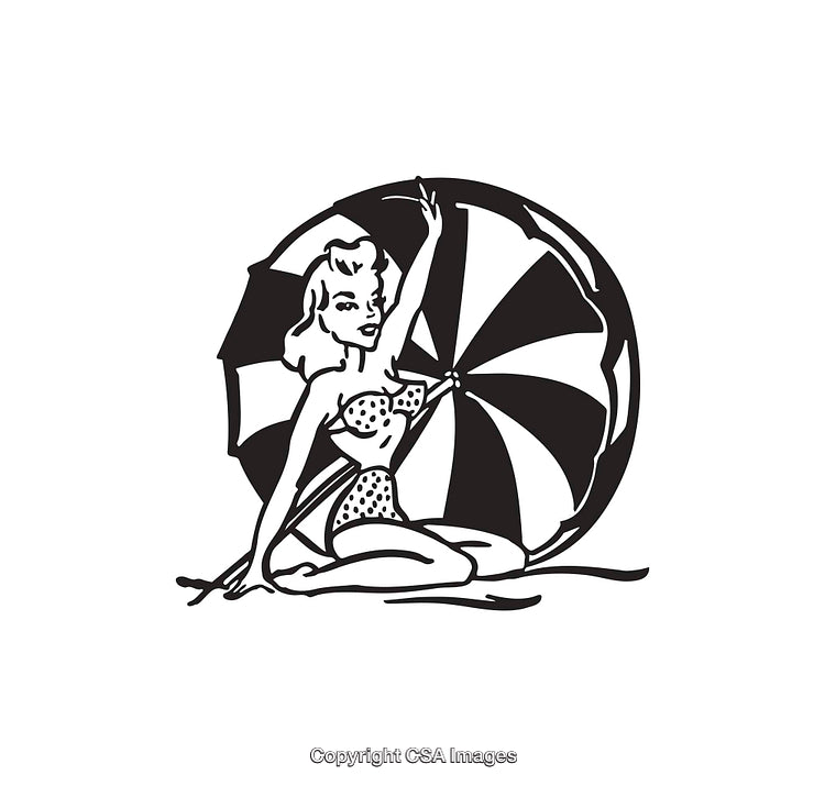 Vintage Line Art of Woman and Beach Umbrella