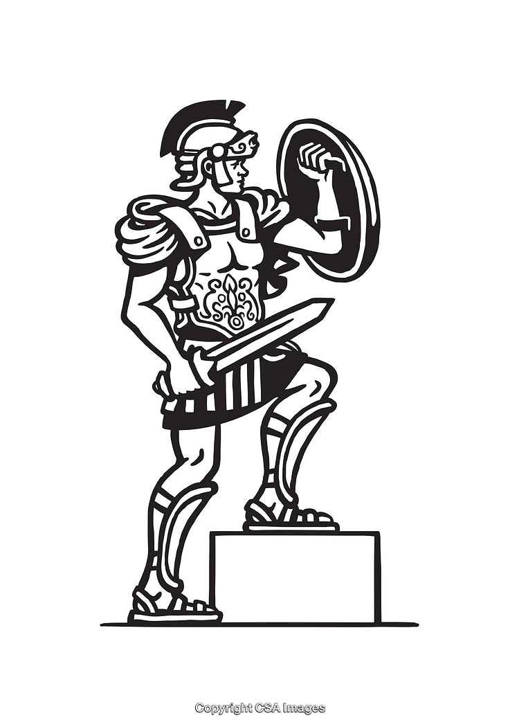 Ancient Warrior Illustration in Black and White Line Art Style