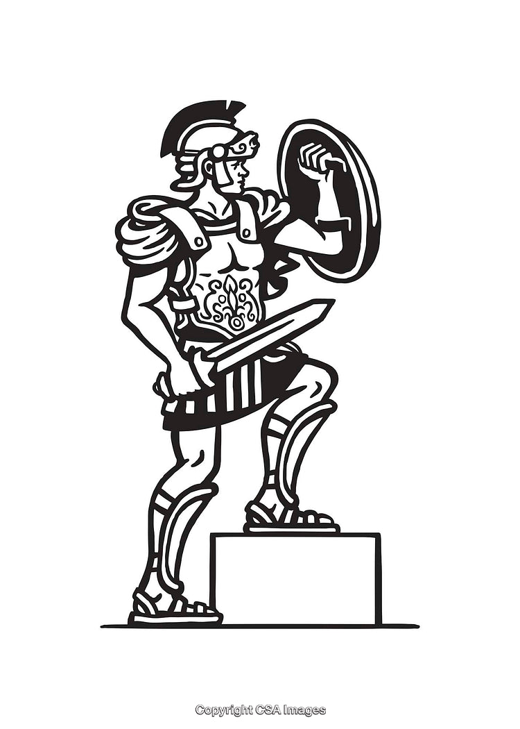 Ancient Warrior Illustration in Black and White Line Art Style