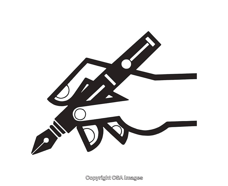 Black And White Illustration of a Hand Holding a Fountain Pen