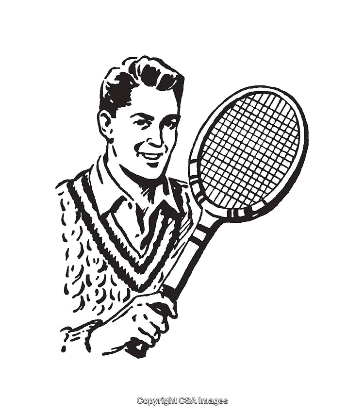 Retro Black and White Illustration of a Tennis Player with Racquet