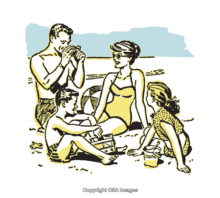 Illustrated Family Enjoying Leisure Time Together on a Sunny Beach Day
