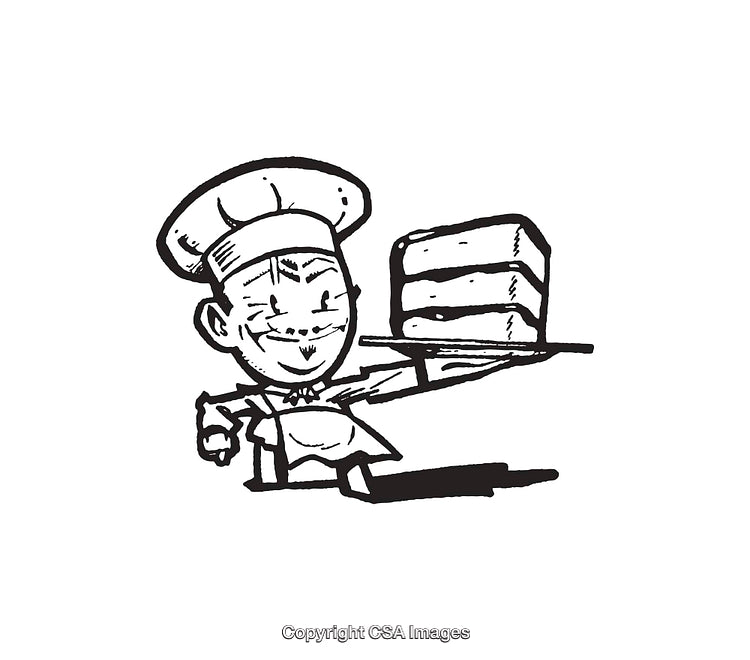 Black and White Illustration of Smiling Chef Holding a Cake
