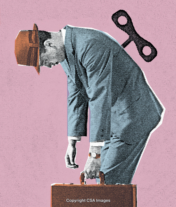 Businessman With Mechanical Windup Key in Surreal Vintage Pop Art Style