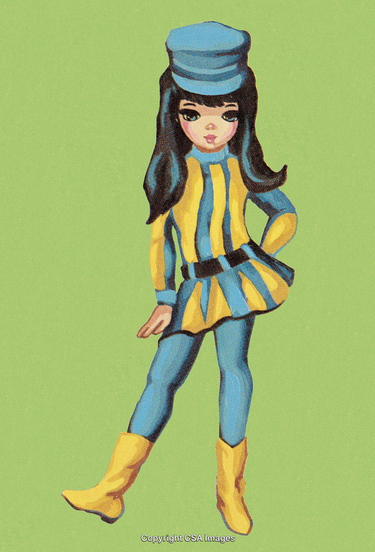 Stylized Illustration of a Colorful Fashion Figure on Green Background