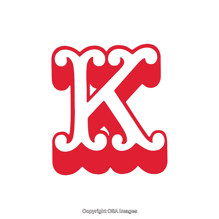 Intricate Red Letter 'K' with Decorative Flourishes on White Background