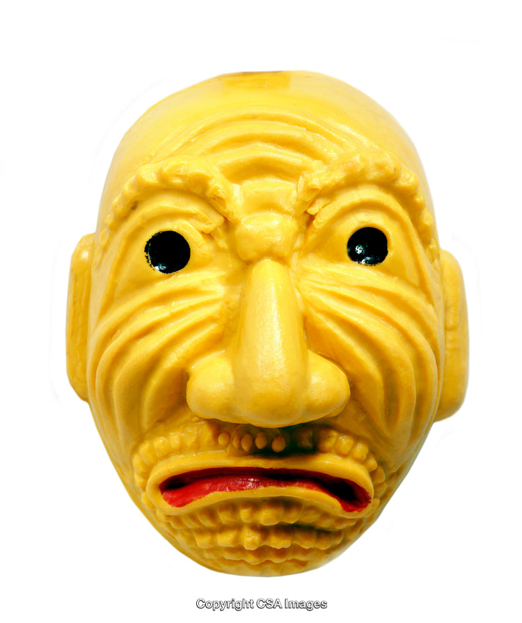 Bright Yellow Plastic Toy Mask with Expressive Facial Details on White Background
