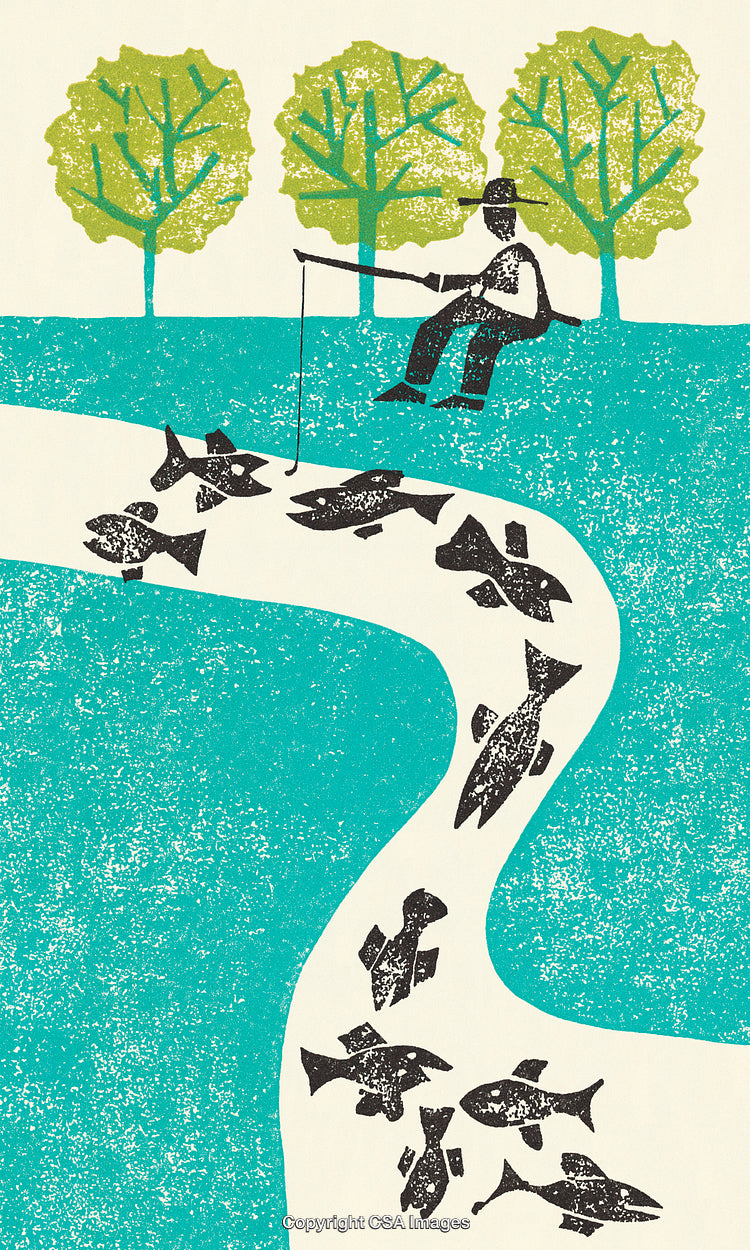 Silhouette of a Fisherman by a River with Fish and Trees