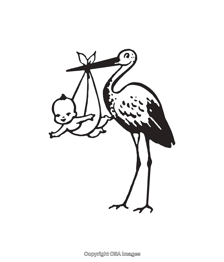 Black and White Line Art of Stork Carrying Newborn Baby