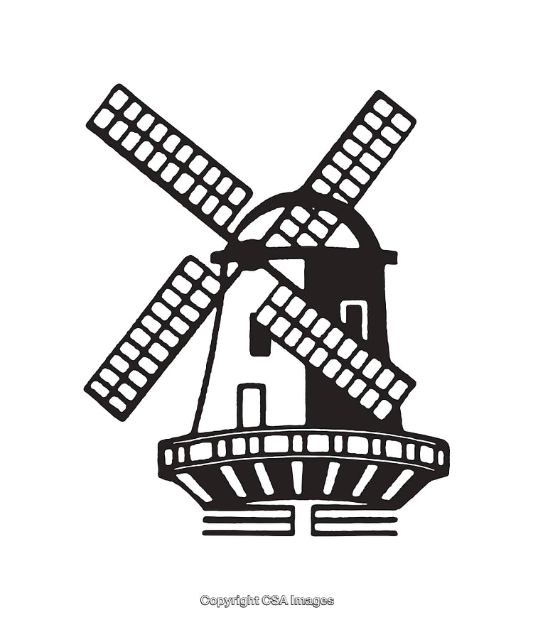 Black and White Line Art Illustration of a Windmill Silhouette