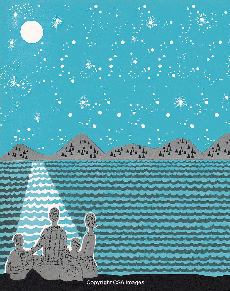 Family Enjoying a Starlit Night by the Tranquil Lakeside