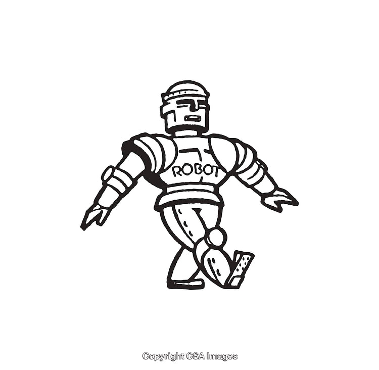 Retro Futuristic Robot Line Art Illustration in Black and White