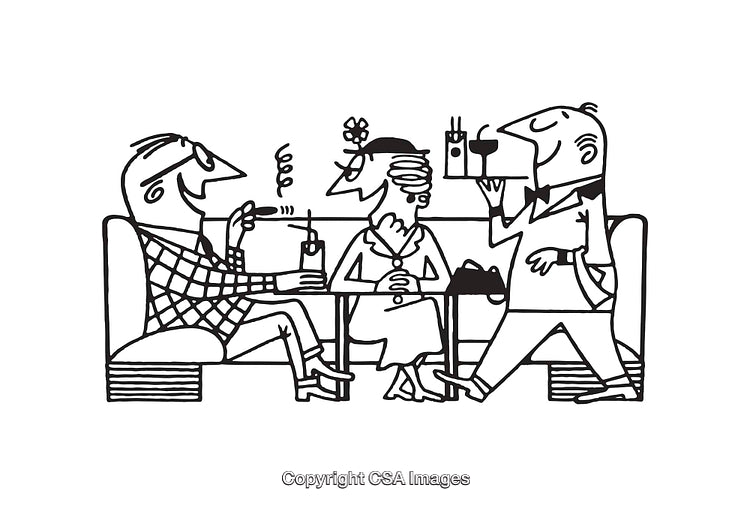 Black And White Line Art Illustration of Friends in a Cafe