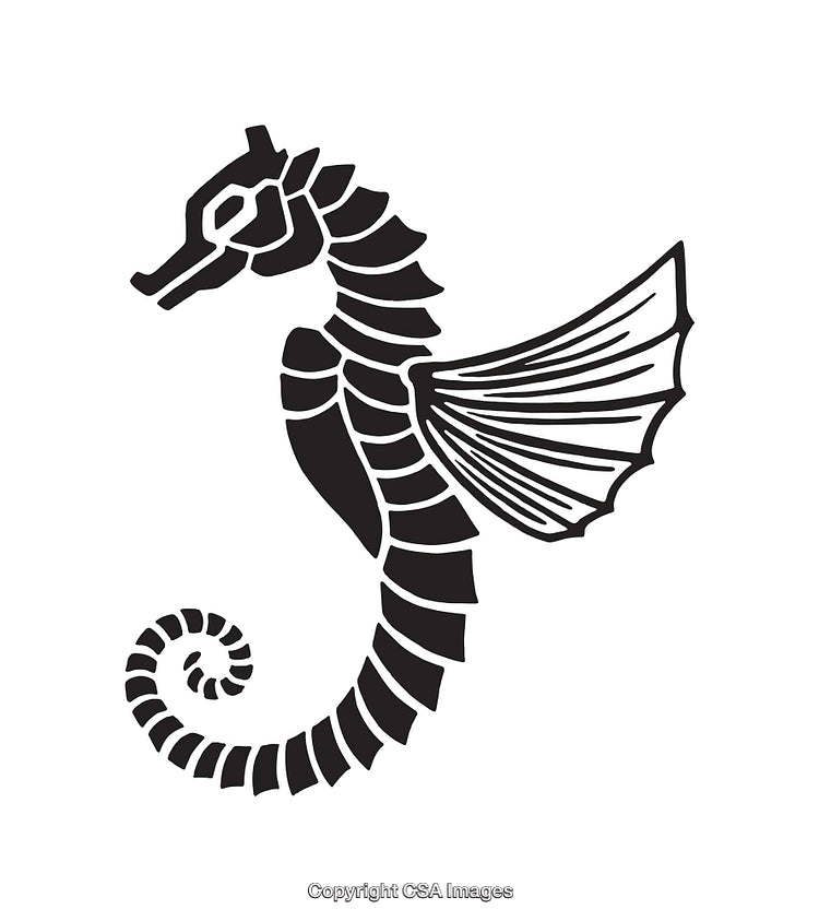 Black and White Illustration of a Stylized Seahorse Design