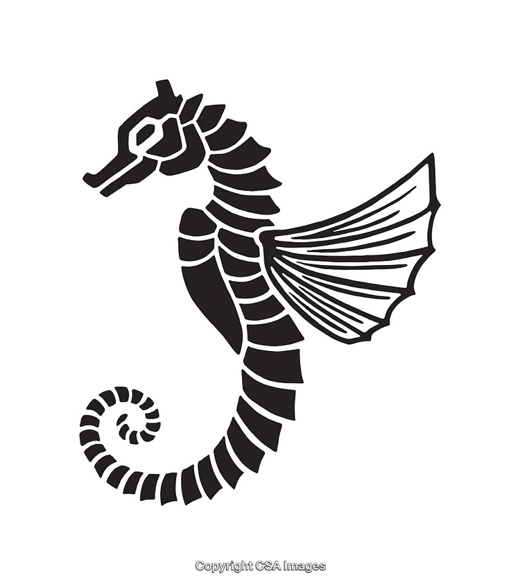 Black and White Illustration of a Stylized Seahorse Design