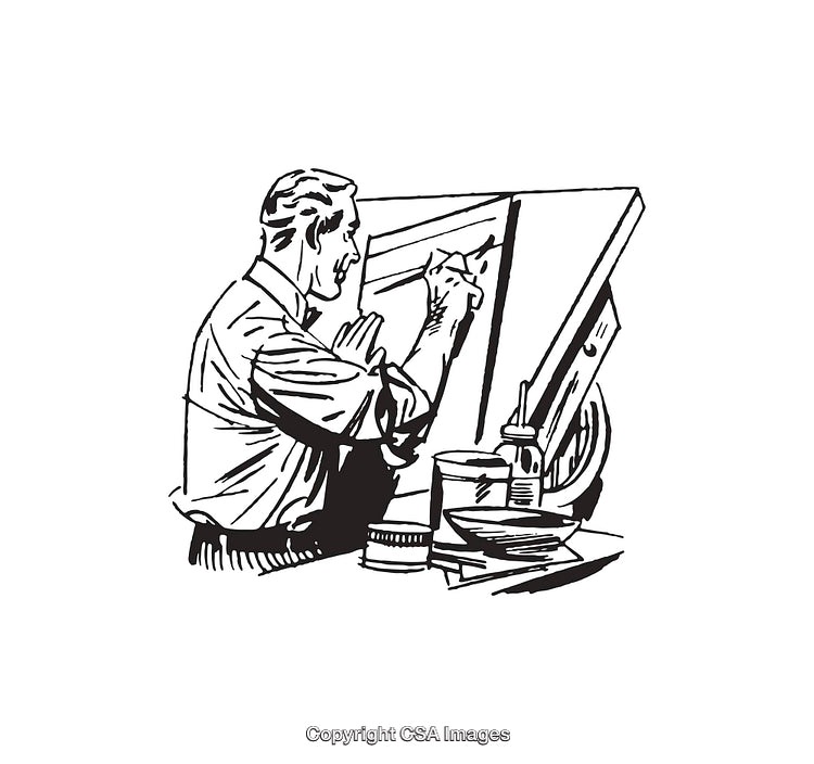 Vintage Illustration of Man Working at Drawing Desk in Black and White