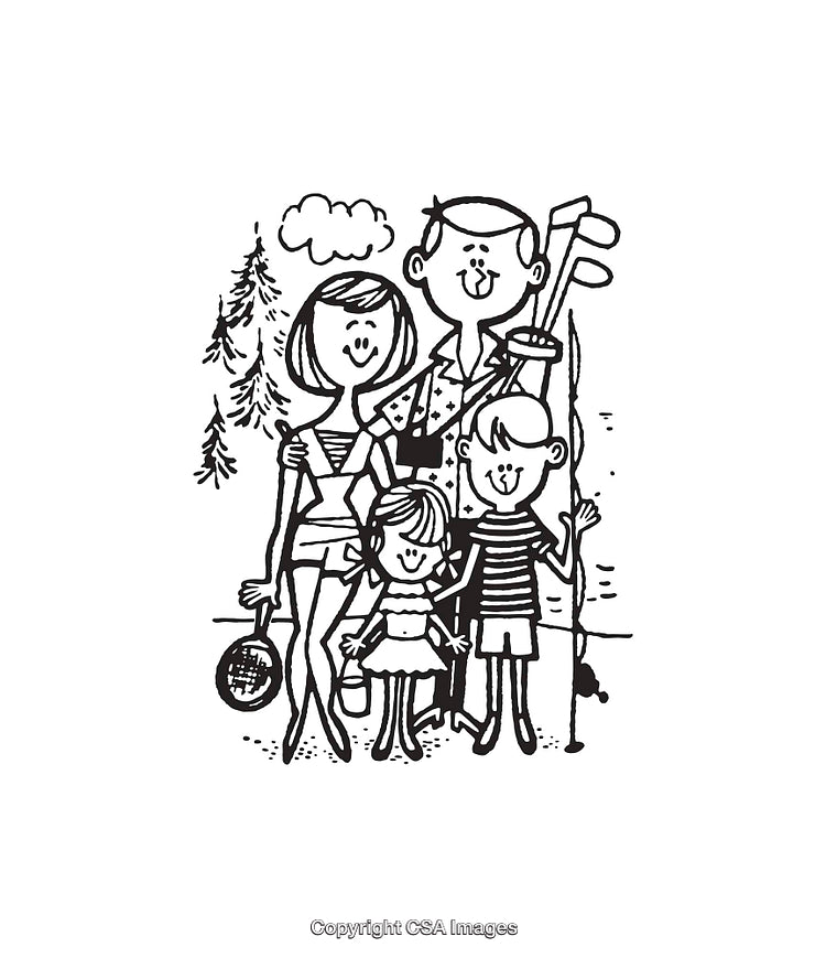 Black and White Illustration of a Happy Family Outdoors Recreation Scene