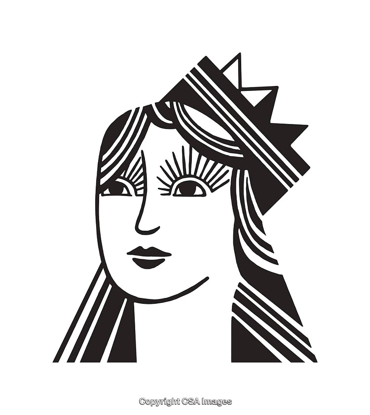 Black and White Line Art Illustration of a Woman Wearing a Crown