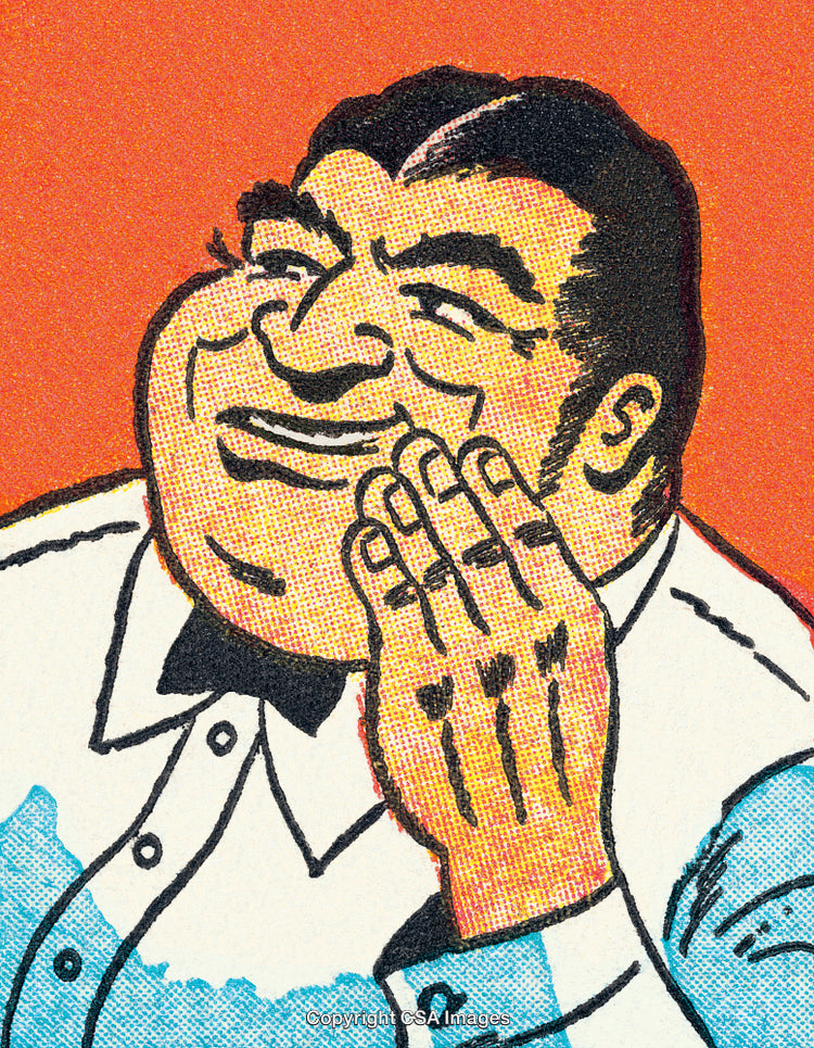 Retro Comic Style Illustration of a Man Smiling and Sharing a Secret