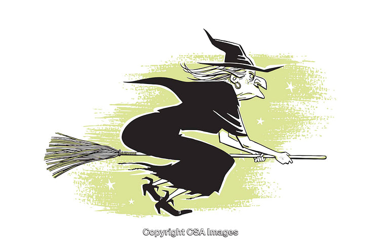 Cartoon Illustration of a Witch Flying on a Broomstick