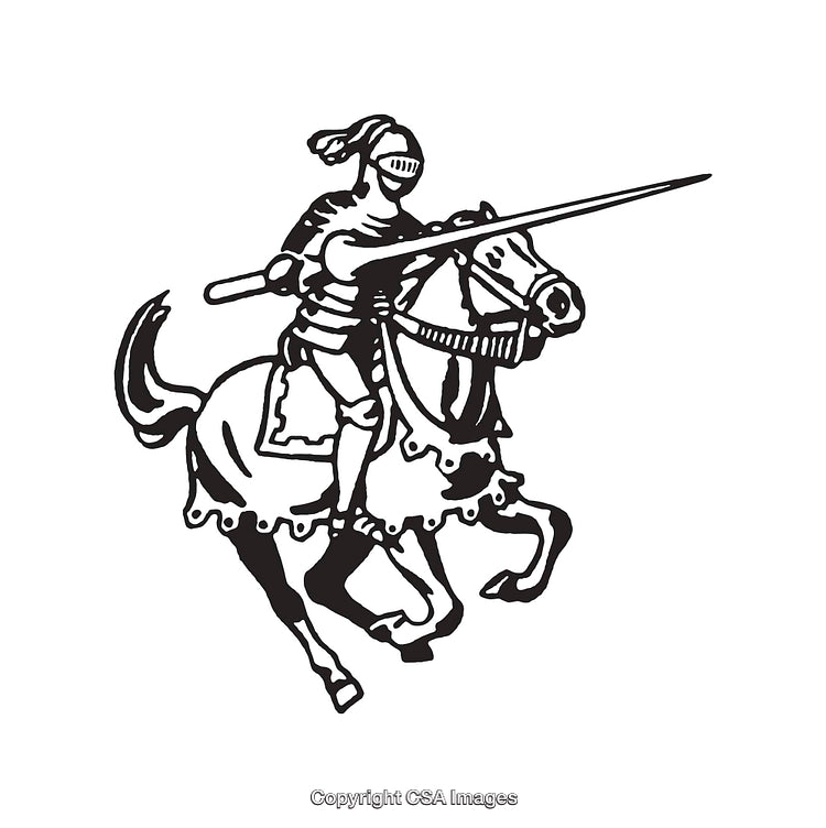Knight on Horseback Jousting in Medieval Line Art Illustration