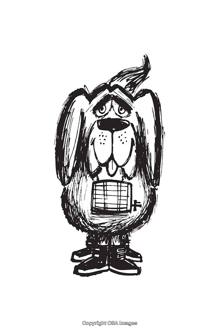 Cartoon Styled Line Art Illustration of a Sad Anthropomorphic Dog