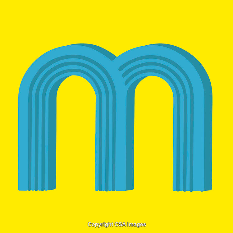 Abstract Blue Letter M Isolated on Bright Yellow Background