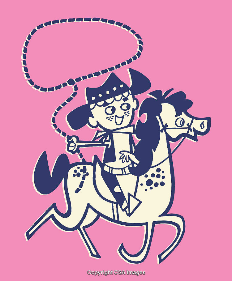 Playful Cowboy Riding Toy Horse in Whimsical Colorful Line Art Style