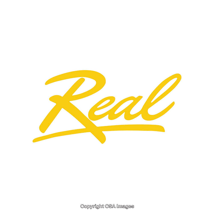 Yellow Calligraphic Word 'Real' on White Background with Elegant Style