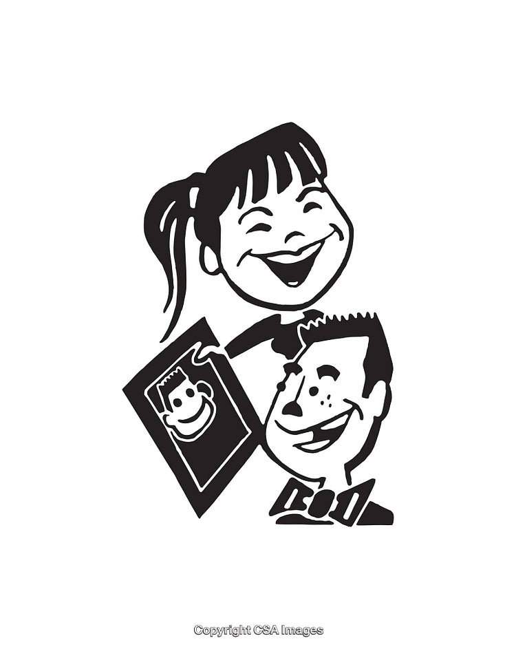 Black and White Cartoon Illustration of Smiling Characters with Art and Emotions