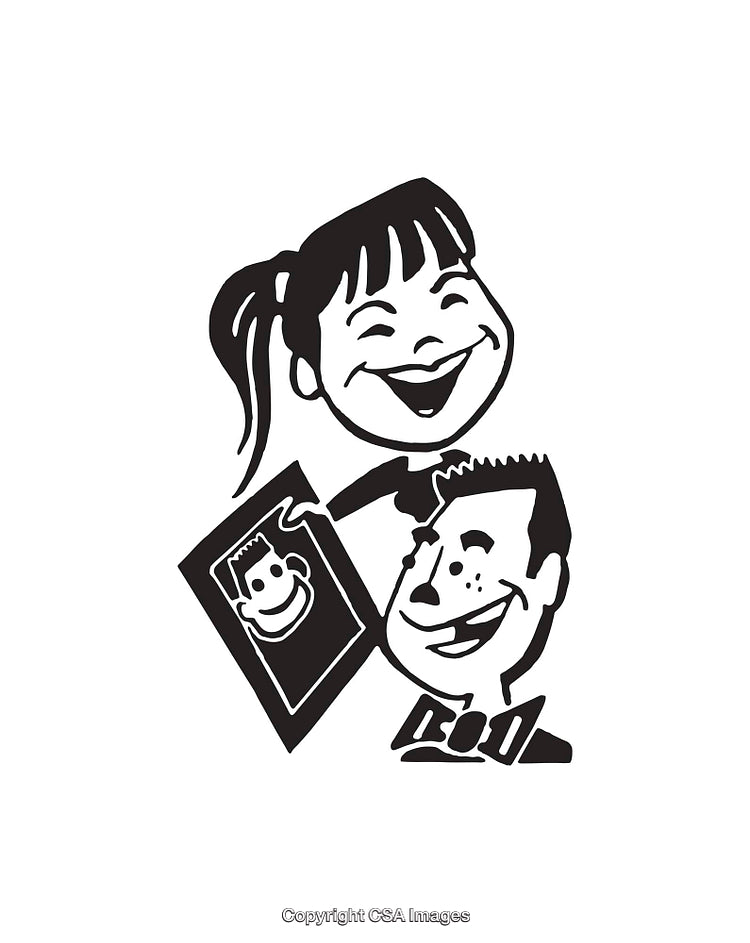 Black and White Cartoon Illustration of Smiling Characters with Art and Emotions