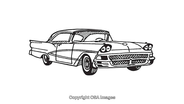 Vintage Car Illustration in Black and White Line Art Style