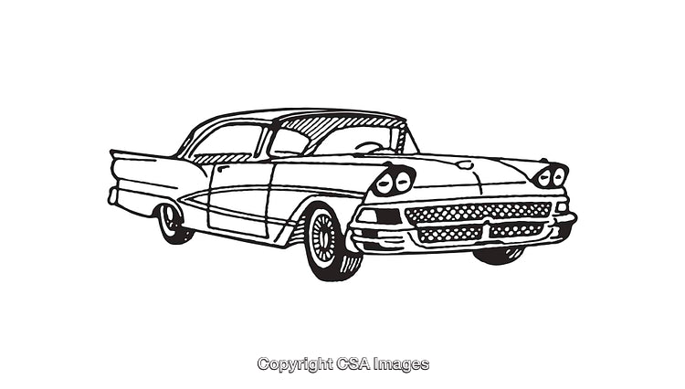 Vintage Car Illustration in Black and White Line Art Style