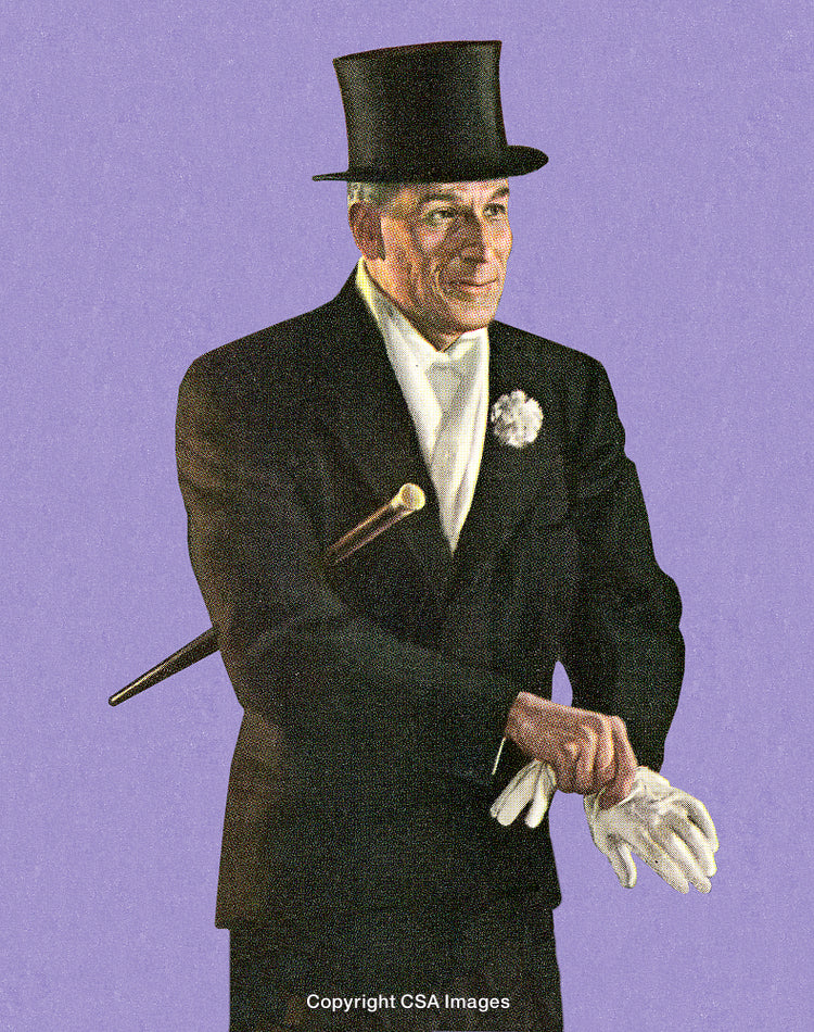 Elegant Gentleman in Formal Attire Including Top Hat and Gloves