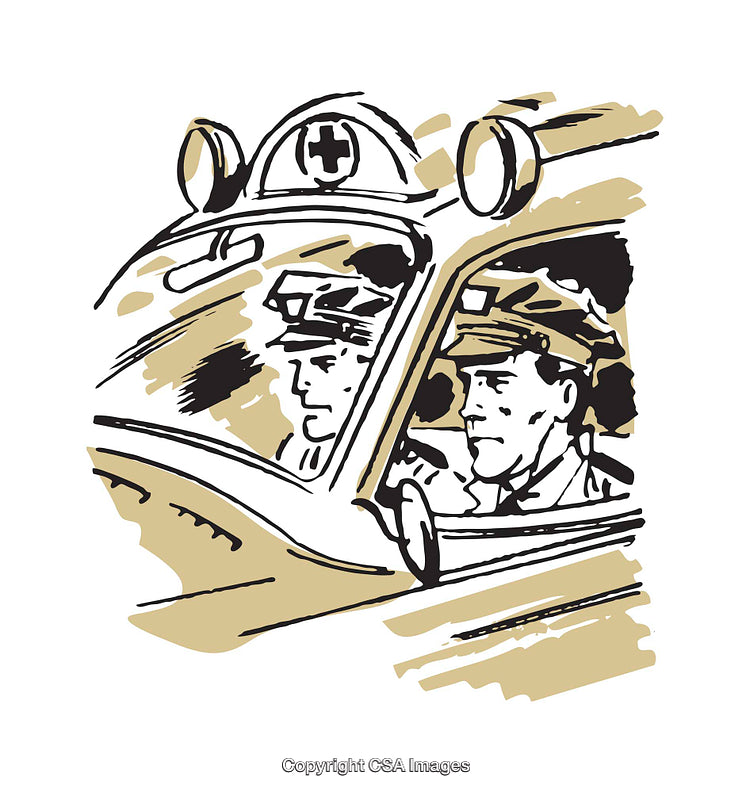 Illustration of Emergency Responders Driving a Vintage Medical Vehicle