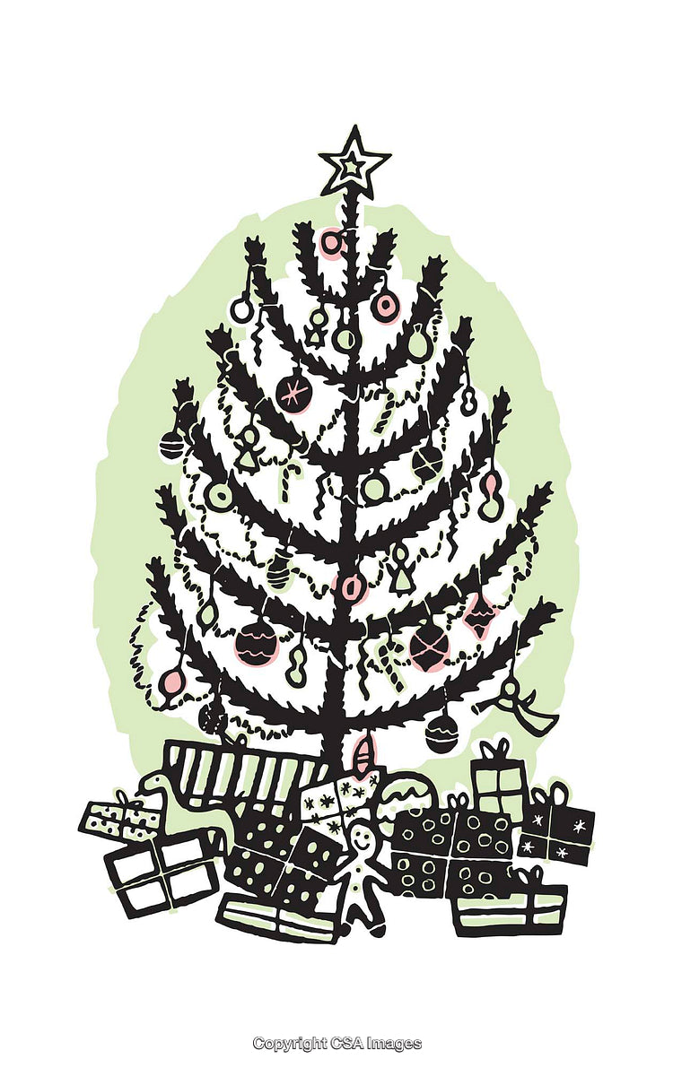 Illustrated Decorated Christmas Tree with Gifts and Ornaments Beneath
