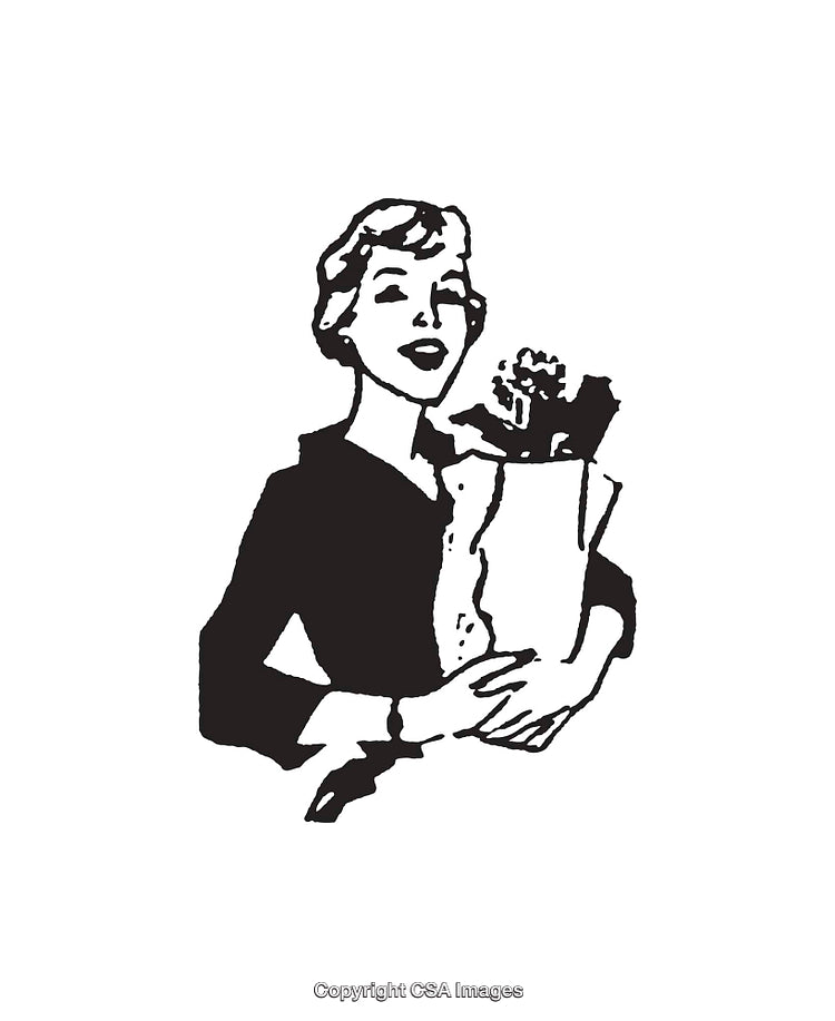 Vintage Black and White Drawing of a Woman with Groceries