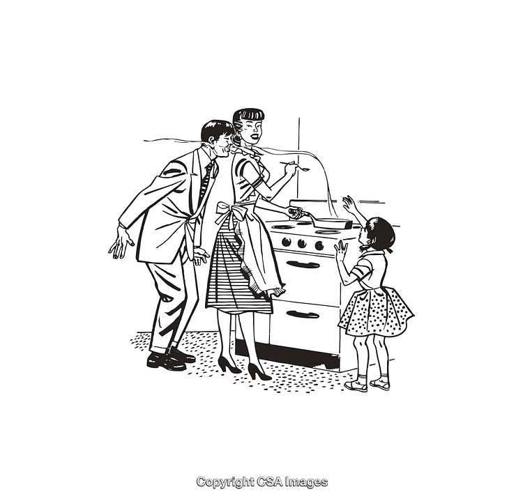 Vintage Family Cooking Scene in Black and White Line Art Illustration